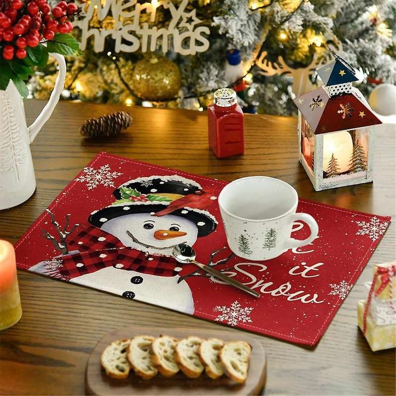 Red Christmas Winter Placemats Set Of 6, 12x18 Inch Seasonal Christmas Holiday Table Mats