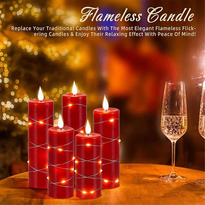 Red Flameless Candle Fairy String Light Water Drop Flame Led Flame Simulation with Remote and Timed