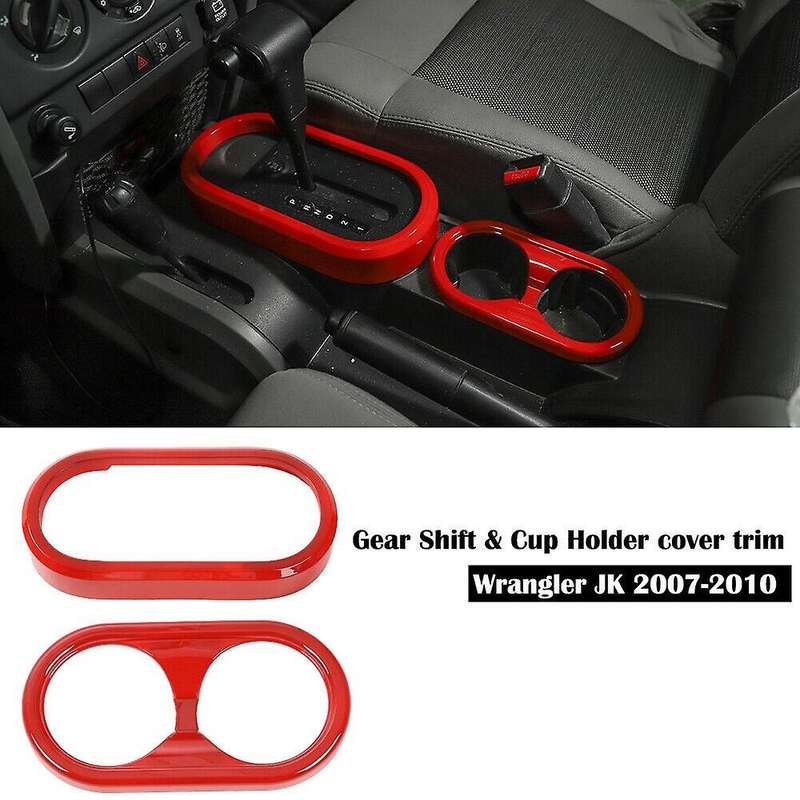 Red Gear Shift Panel & Cup Holder Cover Trim Ring for JK 2007-2010