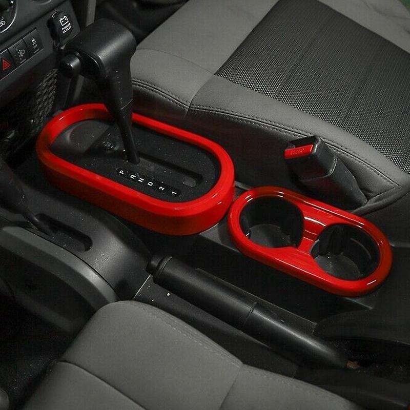 Red Gear Shift Panel & Cup Holder Cover Trim Ring for JK 2007-2010