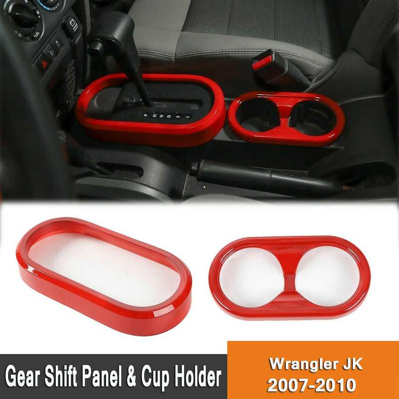Red Gear Shift Panel & Cup Holder Cover Trim Ring for JK 2007-2010