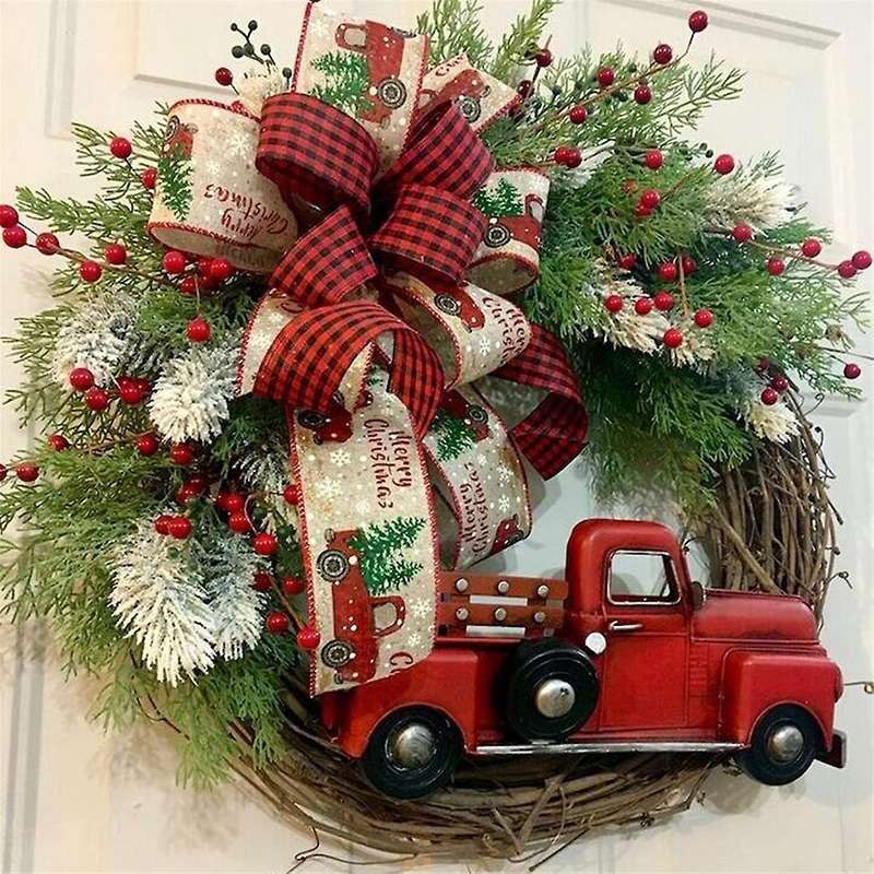 Red Truck Christmas Wreath Wooden Vintage Christmas Wreath Hanging Decor, for Autumn Harvest Thanksg
