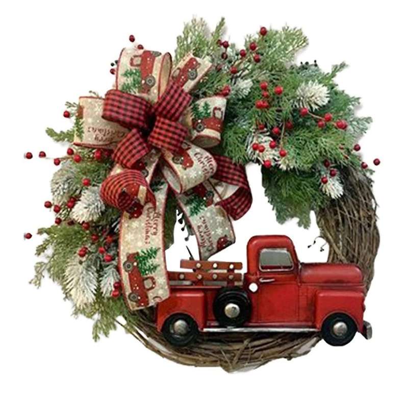 Red Truck Christmas Wreath Wooden Vintage Christmas Wreath Hanging Decor, for Autumn Harvest Thanksg