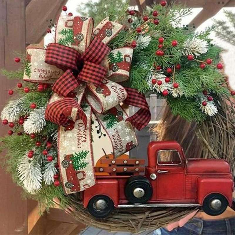 Red Truck Christmas Wreath Wooden Vintage Christmas Wreath Hanging Decor, for Autumn Harvest Thanksg