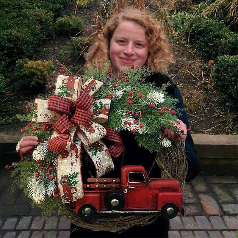 Red Truck Christmas Wreath Wooden Vintage Christmas Wreath Hanging Decor, for Autumn Harvest Thanksg
