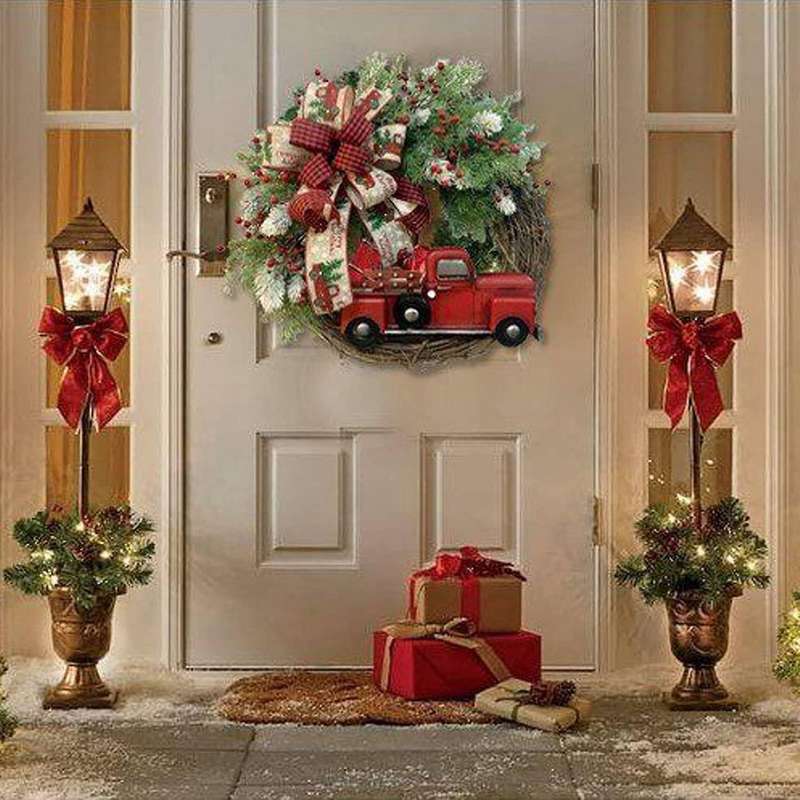 Red Truck Christmas Wreath Vintage Farmhouse Red Truck Wreath with Pine Cones Winter Berry Wreath Ru