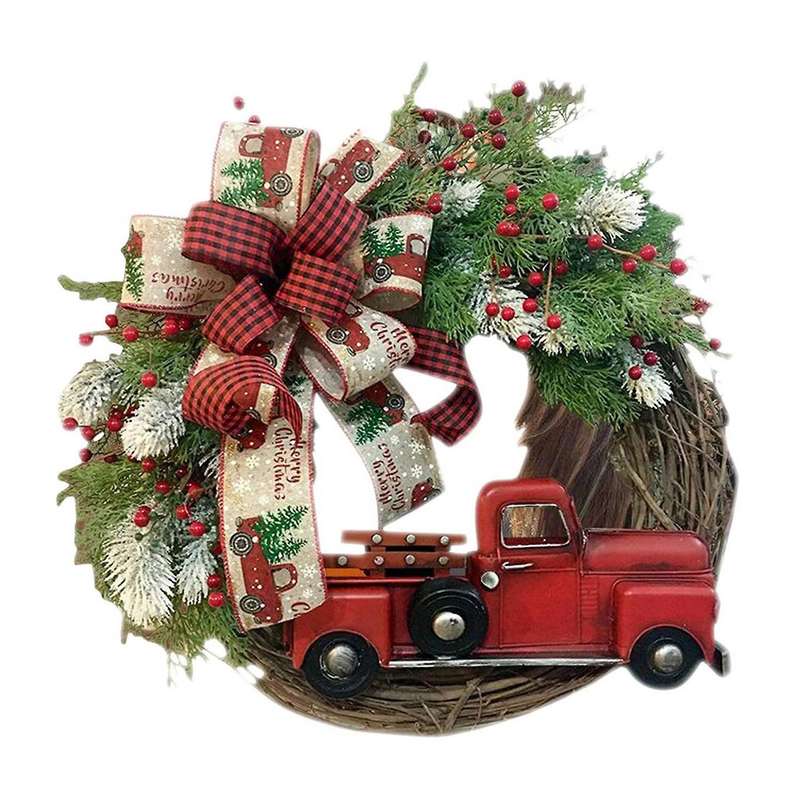 Red Truck Christmas Wreath Vintage Farmhouse Red Truck Wreath with Pine Cones Winter Berry Wreath Ru