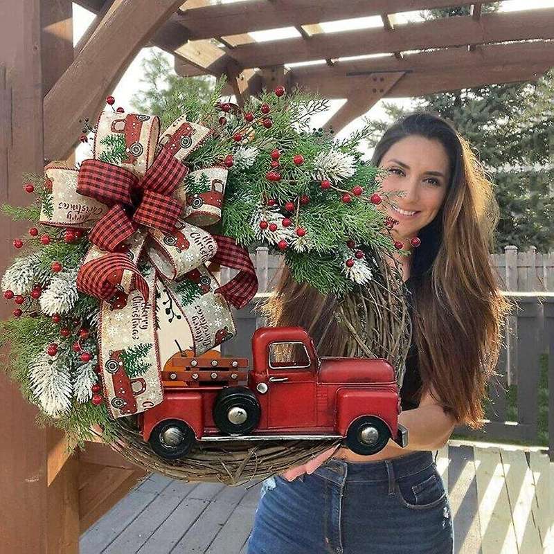 Red Truck Christmas Wreath for Front Door, Christmas Door Wreath Truck Autumn Wreath Decorations for