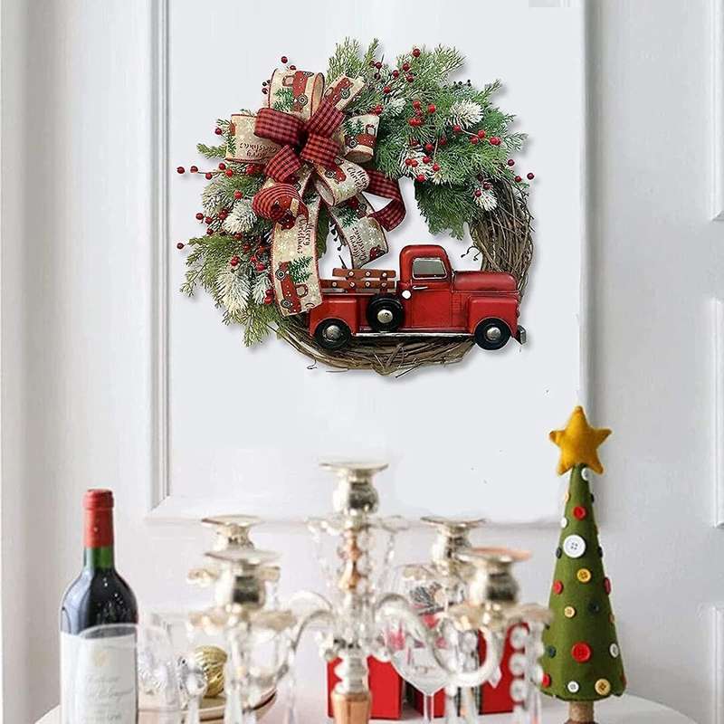 Red Truck Christmas Wreath for Front Door, Christmas Door Wreath Truck Autumn Wreath Decorations for