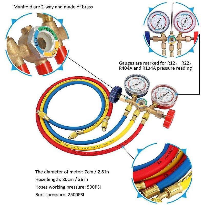 Refrigerant Pressure Gauge Set Air Conditioning Tool for R12 R22 R404A R134A Air Conditioning and Re