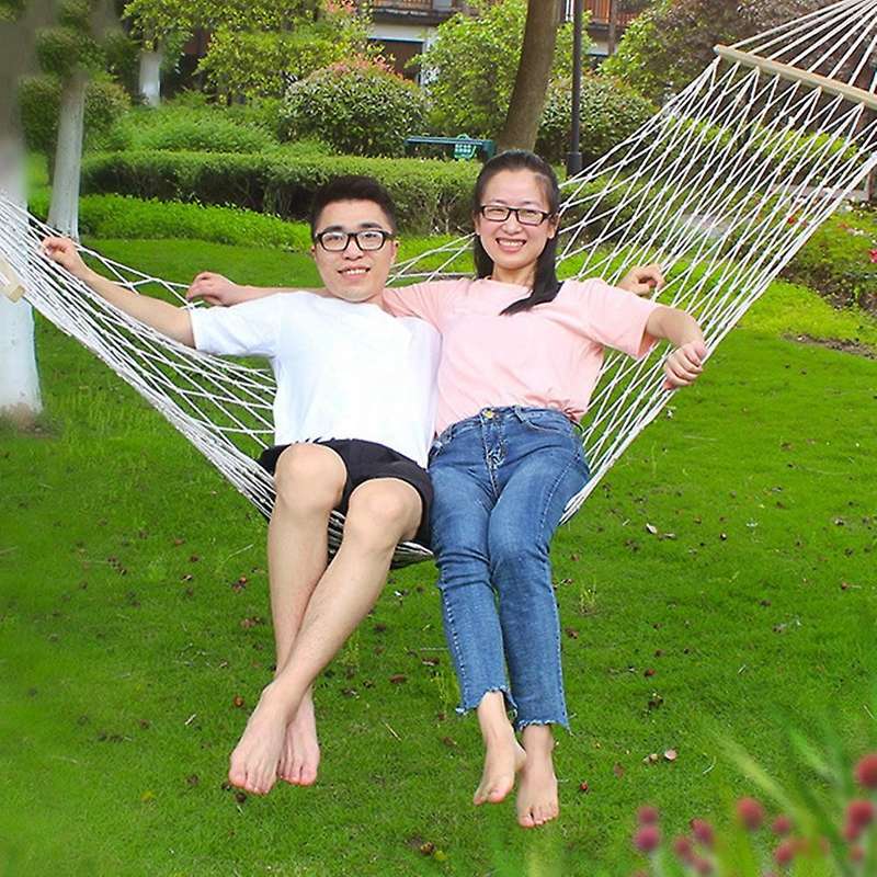Reinforced Wooden Bar Hammock Outdoor Hammock Indoor Cotton and Linen Mesh Swing Single Double Hammo