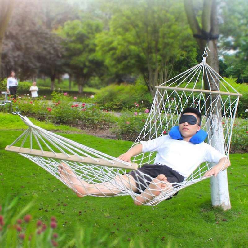 Reinforced Wooden Bar Hammock Outdoor Hammock Indoor Cotton and Linen Mesh Swing Single Double Hammo