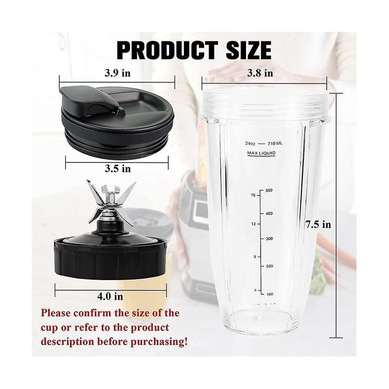 Replacement Blender Cups for Ninja Bn801-24 Oz Cups with 7 Fins Blades Parts Fit Bl480 Bl482 Bl642