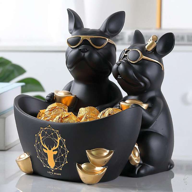 Resin Bulldog Dog Statue Animal Sculpture Storage Decoration Room Decor Housewarming Gift(Black)