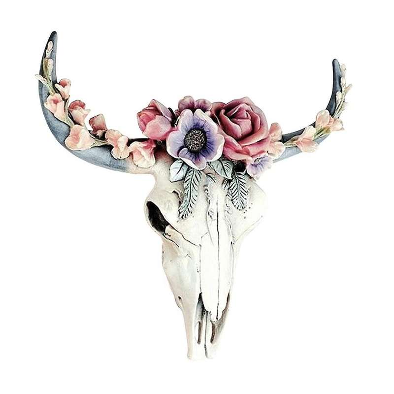 Resin Longhorn Cow Skull Head Wall Hanging Decor,Flower Cow Skull Wall Decor Nursery Decor Resin Orn