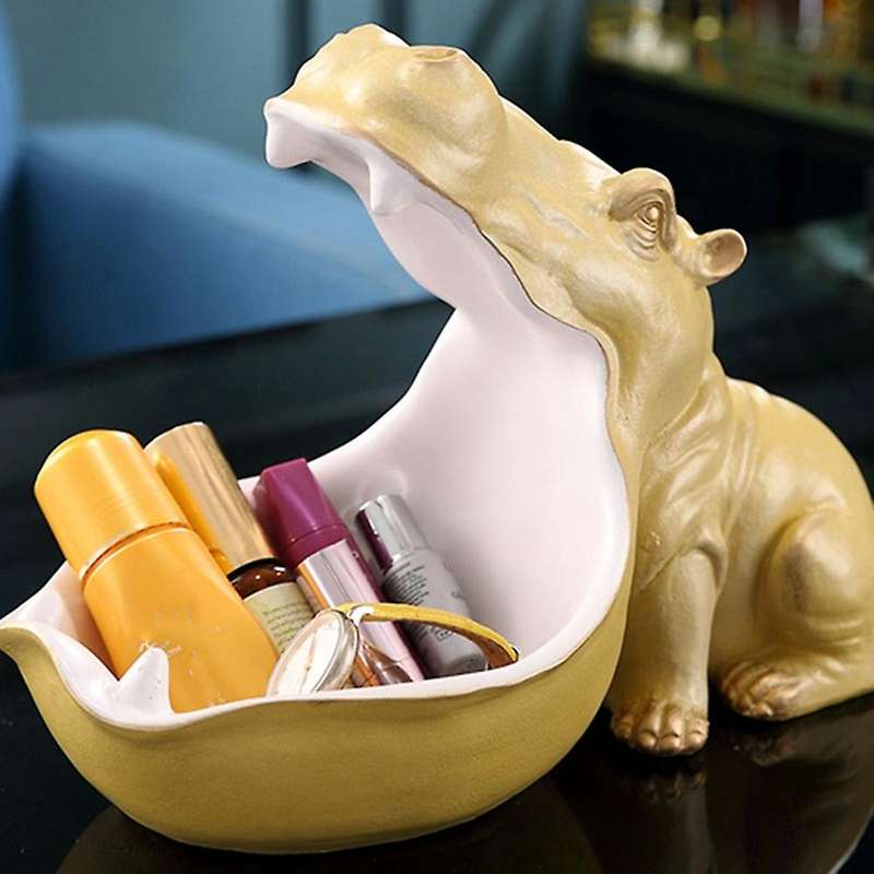 Resin Statue Hippopotamus Sculpture Figurine Key Candy Container Decoration Home Table Decoration Wh