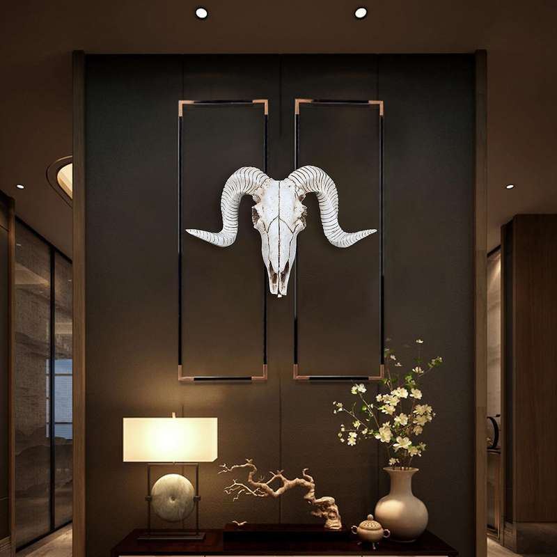 Resin Sheep Head Skull Head Wall Hanging 3D Animal Longhorn Sculpture Figurines Crafts Horns Home