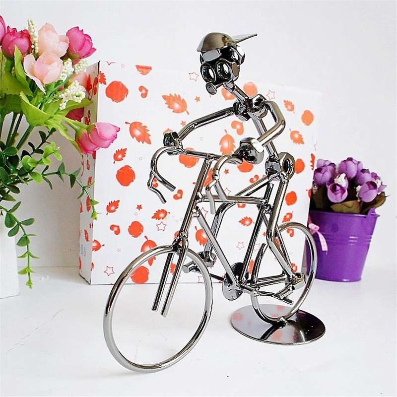 Retro Cyclists Model Iron Art Metal Bicycle Ornament A Man Riding Bike Statue Figurine for Home Libr