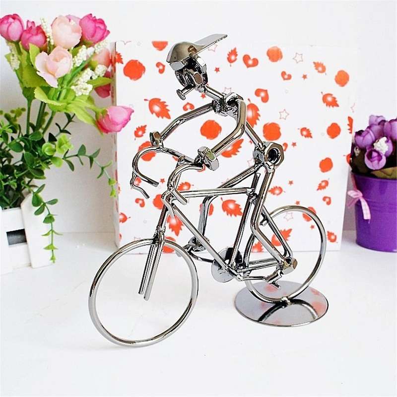 Retro Cyclists Model Iron Art Metal Bicycle Ornament A Man Riding Bike Statue Figurine for Home Libr