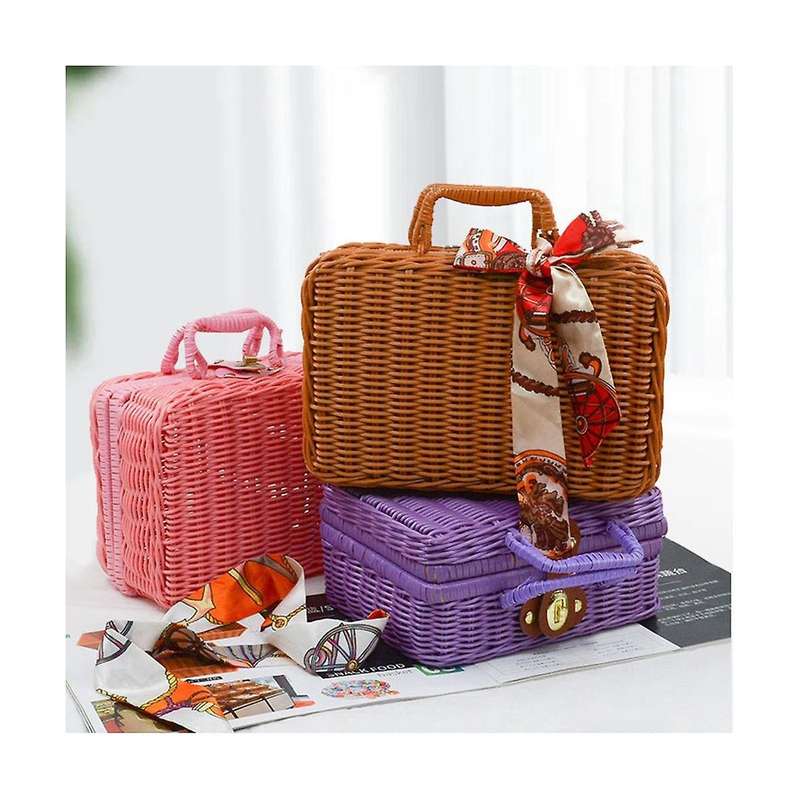 Retro Imitation Rattan Picnic Basket Woven Suitcase Hand Woven Photography Props Home Decoration St