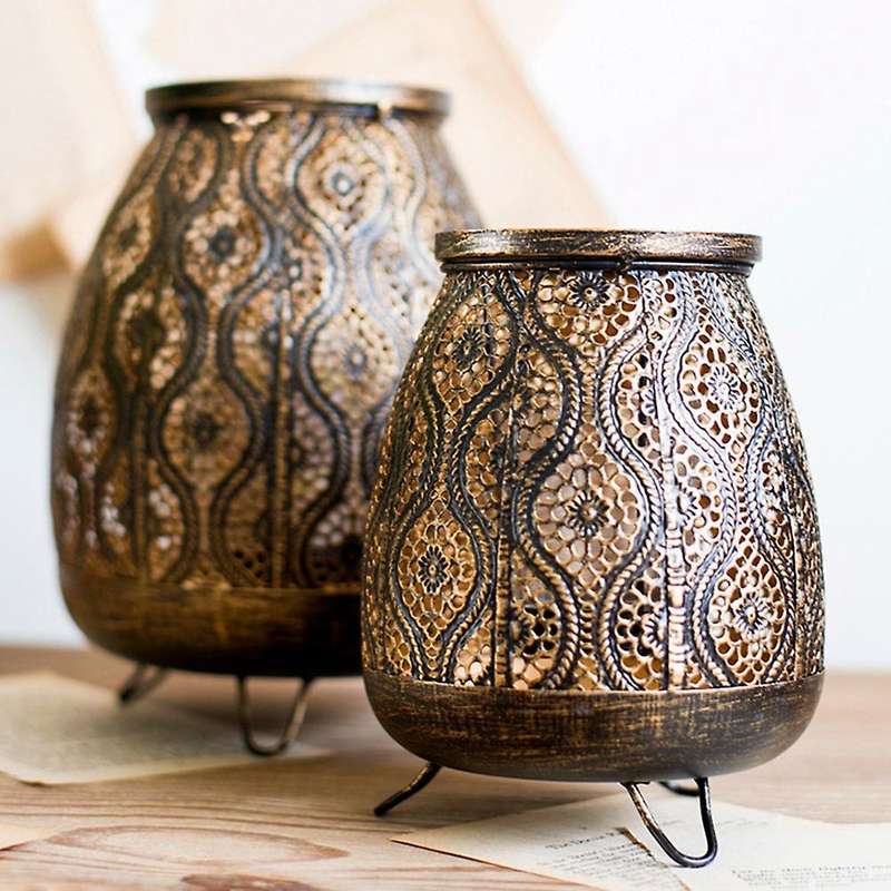 Retro Hollow Carved Candle Holder Made Old Craft Lantern for Candle Night Light Indoor Home Decorati