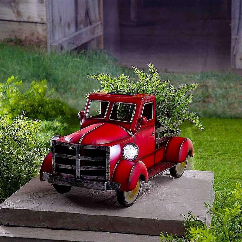 Retro Solar Illuminated Pickup Truck Flower Pot Decoration Desktop Storage Farmhouse Truck