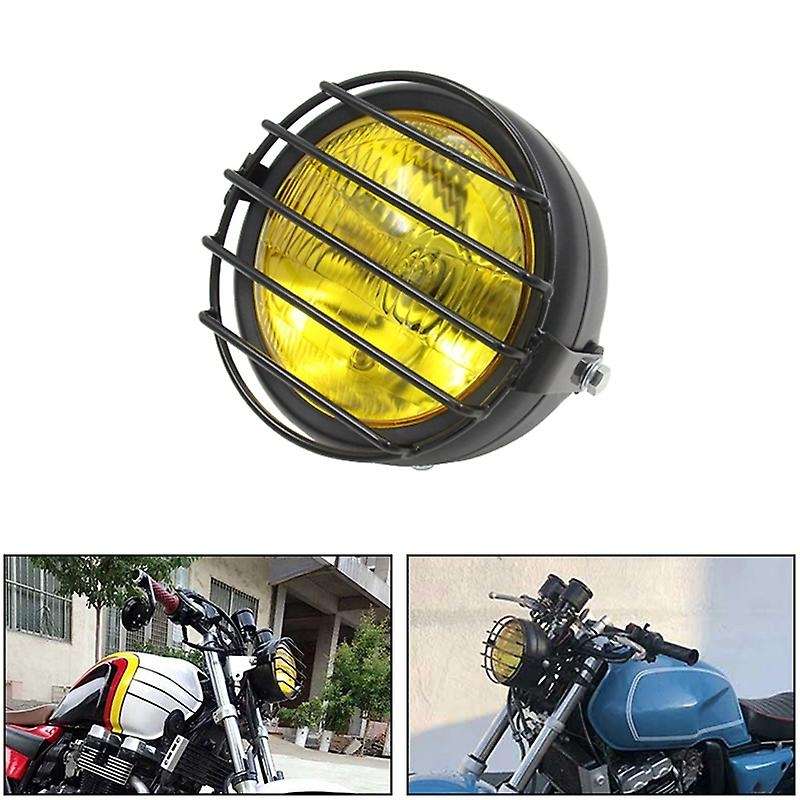 Retro Vintage Motorcycle Universal Side Mount 35W 6.5 Inch Amber Headlight Cafe with Grille