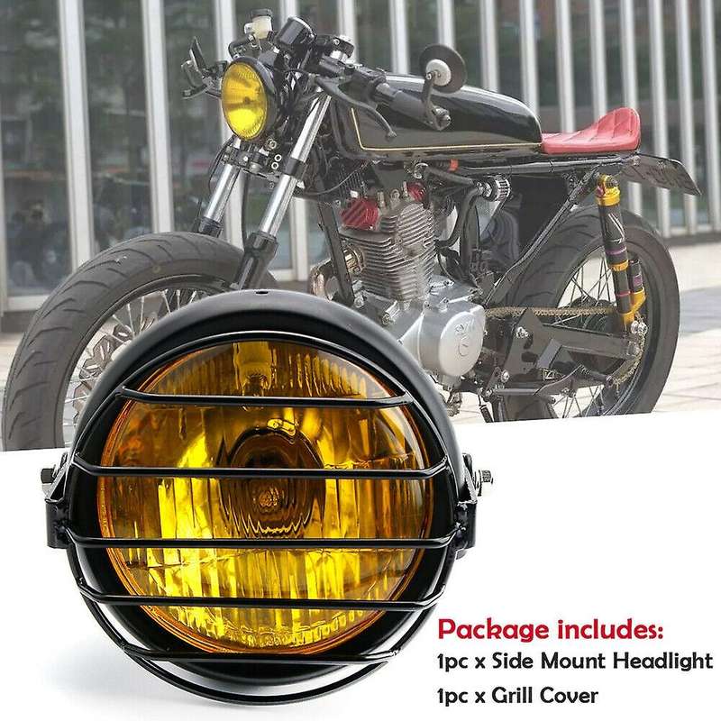 Retro Vintage Motorcycle Universal Side Mount 35W 6.5 Inch Amber Headlight Cafe with Grille