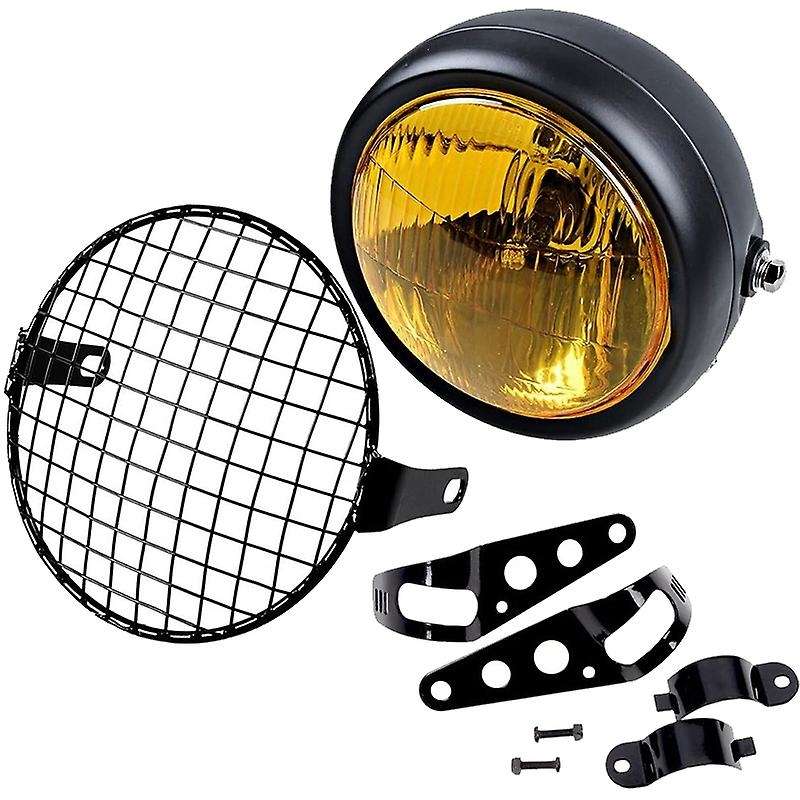 Retro Vintage Motorcycle Universal Side Mount 35W 6.5 inch Amber Headlight Caf with Grille + Brack