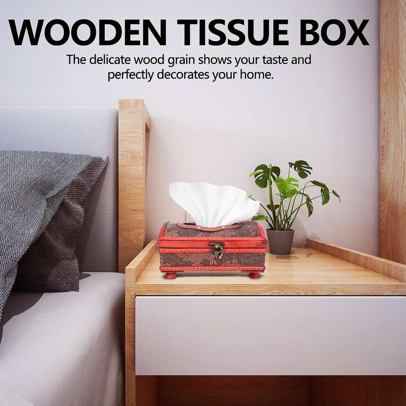 Retro Vintage Copper Ring Pattern Wooden Paper Tissue Box Holder Decor New:Retro Red