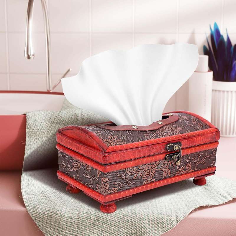 Retro Vintage Copper Ring Pattern Wooden Paper Tissue Box Holder Decor New:Retro Red