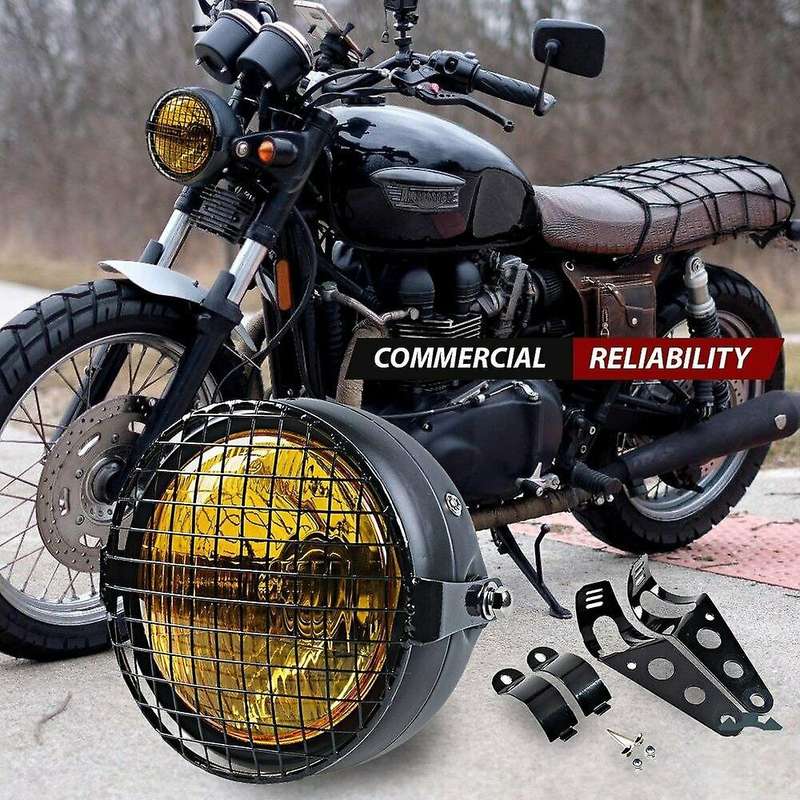 Retro Vintage Motorcycle Universal Side Mount 35W 6.5 inch Headlight Caf with Grille + Bracket Kit