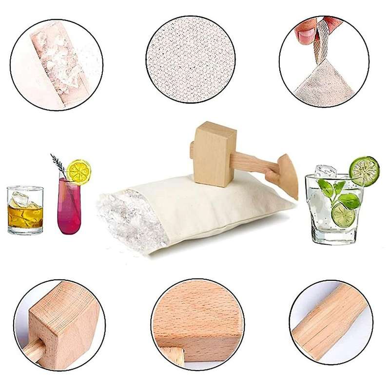 Reusable Canvas Crushed Ice Bags,Wooden Mallet Bar, Steel Ice Scoop and Ice Tongs, for Bar Tools Kit
