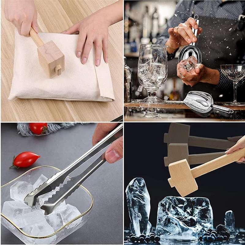 Reusable Canvas Crushed Ice Bags,Wooden Mallet Bar, Steel Ice Scoop and Ice Tongs, for Bar Tools Kit