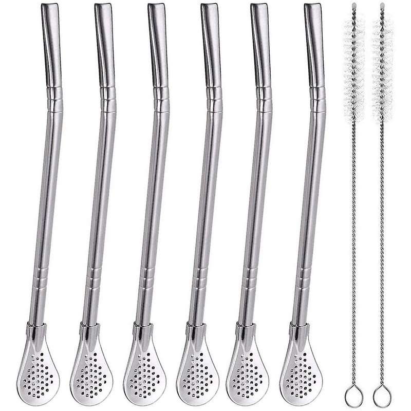 Reusable Stainless Steel Straw with Filter Spoon 6 Pieces Straw with 2 Pieces Cleaning Brush Set