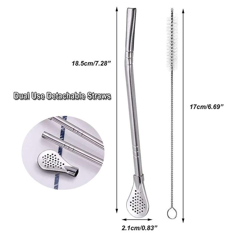 Reusable Stainless Steel Straw with Filter Spoon 6 Pieces Straw with 2 Pieces Cleaning Brush Set