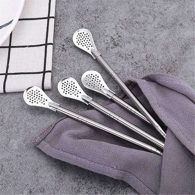 Reusable Stainless Steel Straw with Filter Spoon 6 Pieces Straw with 2 Pieces Cleaning Brush Set