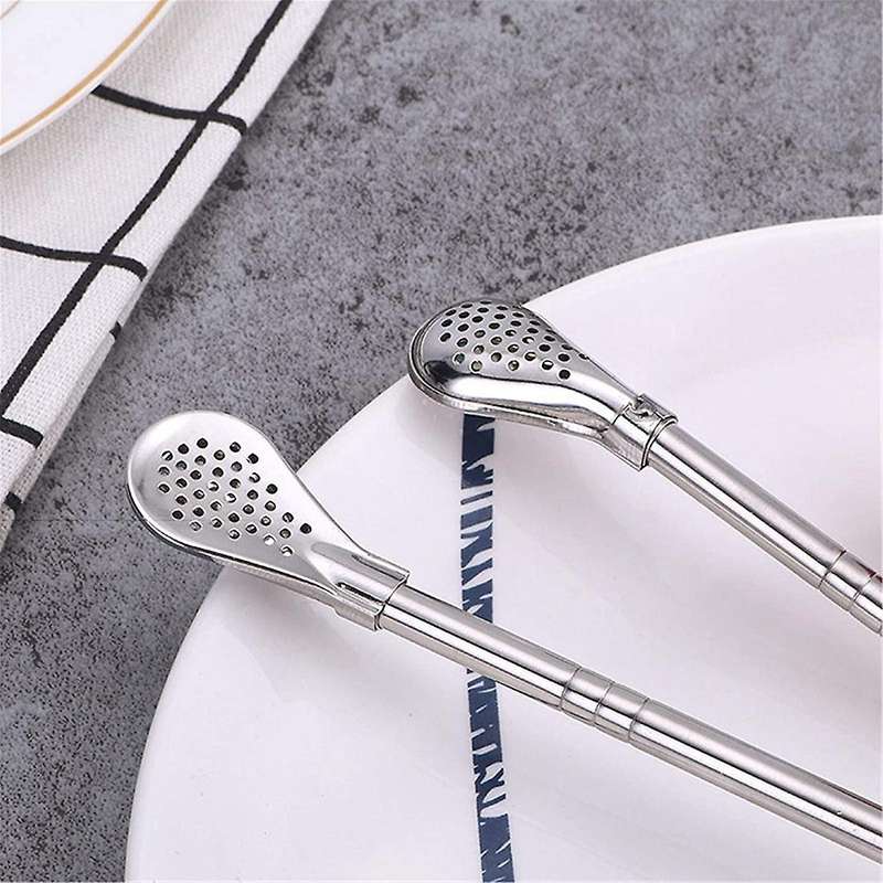 Reusable Stainless Steel Straw with Filter Spoon 6 Pieces Straw with 2 Pieces Cleaning Brush Set