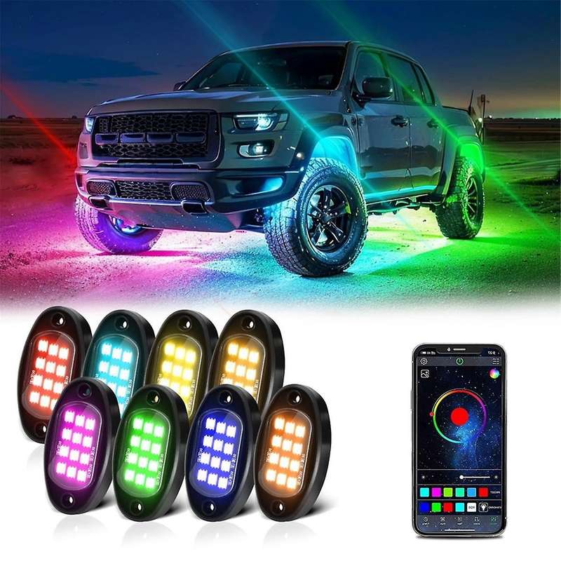 Rgb Rock Lights, Multicolor Underglow Lights Kit with App Control Flashing Music Mode Waterproof Whe