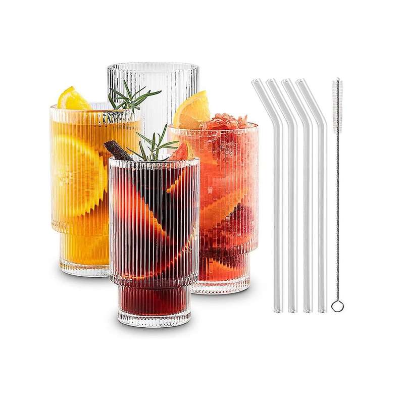 Ribbed Glass Cups with Straws 12oz, Drinking Glasses 4, Ribbed Glassware, Cocktail Glasses, Vintage