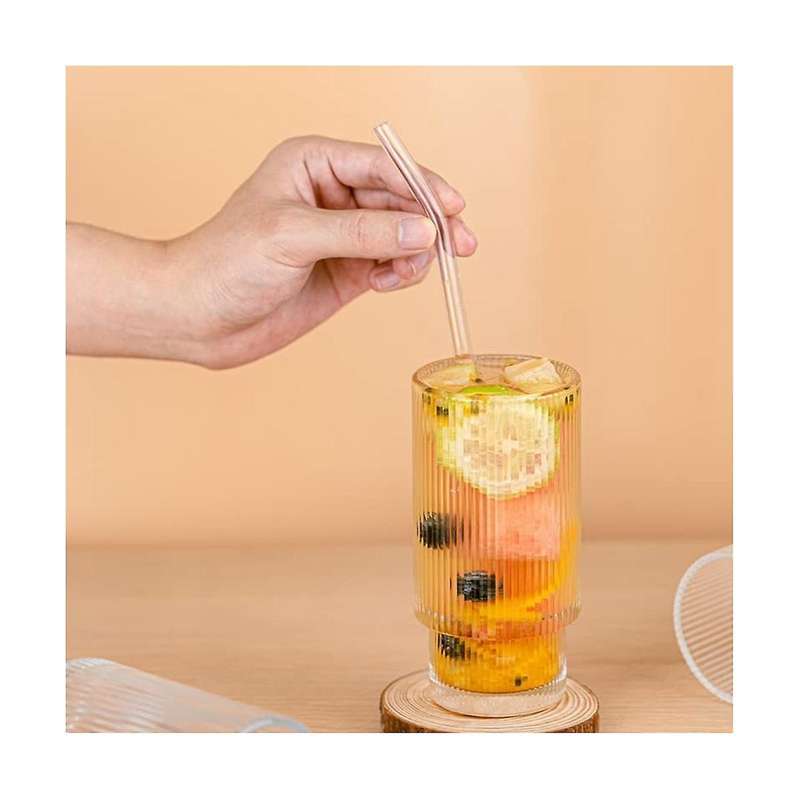Ribbed Glass Cups with Straws 12oz, Drinking Glasses 4, Ribbed Glassware, Cocktail Glasses, Vintage