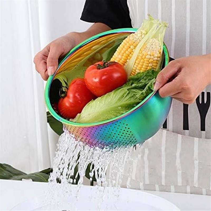 Rice Washing Bowl Stainless Steel Versatile 3-in-1 Colander and Kitchen Strainer with Side Drainers