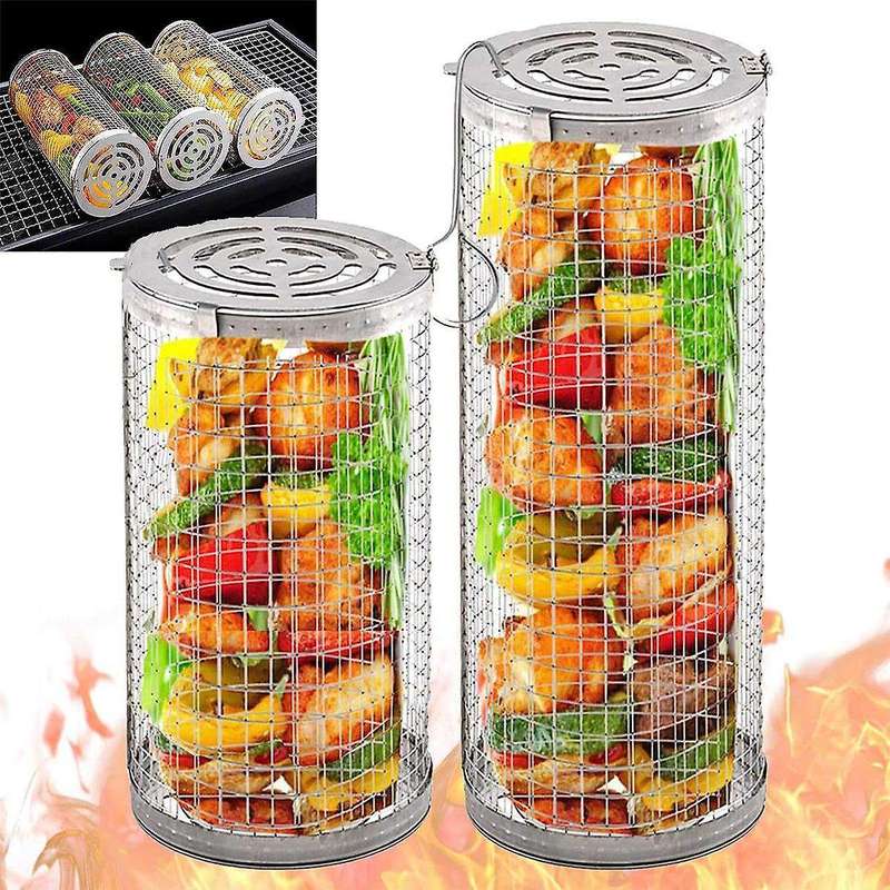 Rolling Grilling Basket 2 Pack - Round Stainless Steel Grill Mesh, Bbq Grill Mesh for Vegetables, Fi