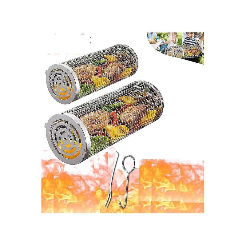 Rolling Grilling Baskets for Outdoor Grill Bbq Stainless Steel Mesh Net Tube Round Cage Wire Barbecu
