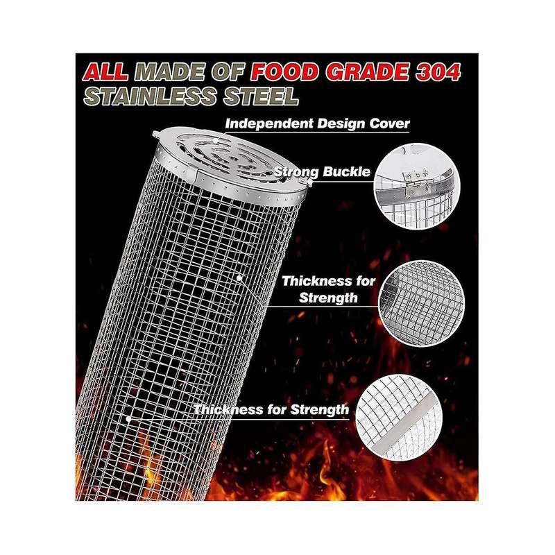 Rolling Grilling Baskets for Outdoor Grill Bbq Stainless Steel Mesh Net Tube Round Cage Wire Barbecu