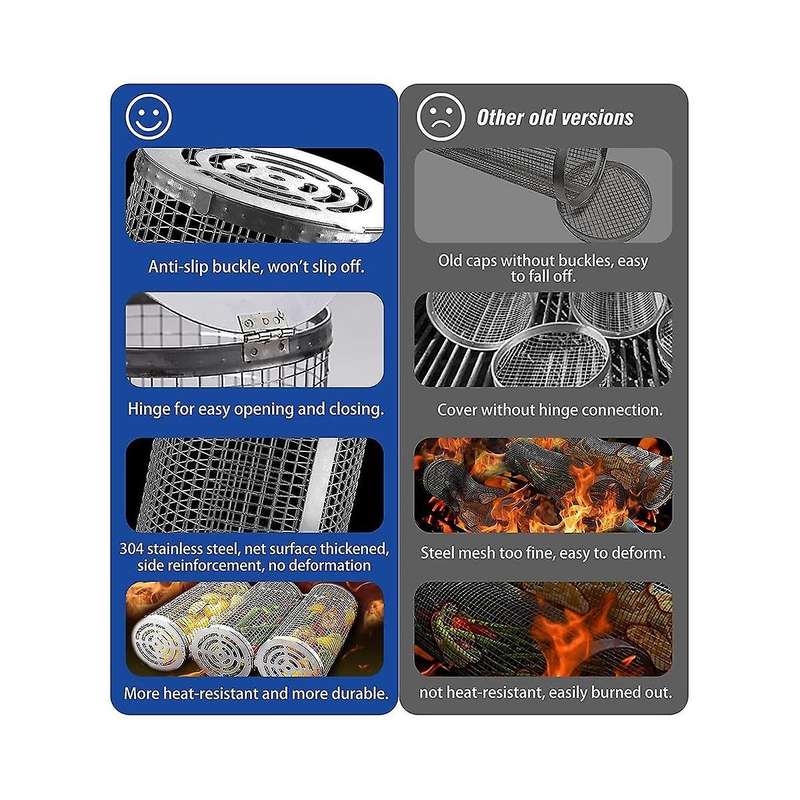 Rolling Grilling Baskets for Outdoor Grill Bbq Stainless Steel Mesh Net Tube Round Cage Wire Barbecu