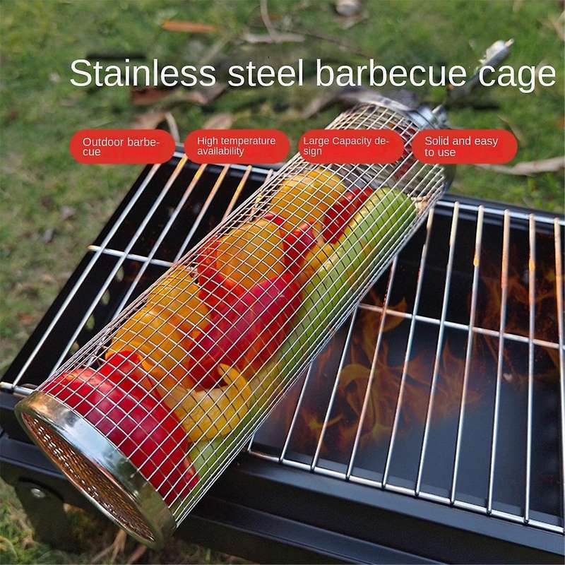 Rolling Grilling Baskets for Outdoor Grilling - Stainless Steel Round Bbq Grill Basket with Lock, Bb