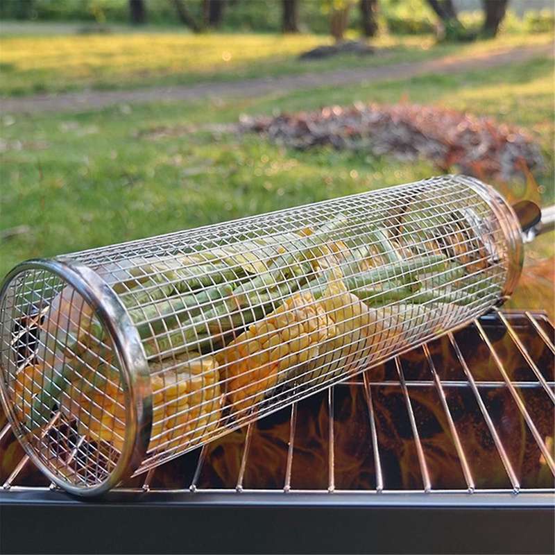 Rolling Grilling Baskets for Outdoor Grilling - Stainless Steel Round Bbq Grill Basket with Lock, Bb
