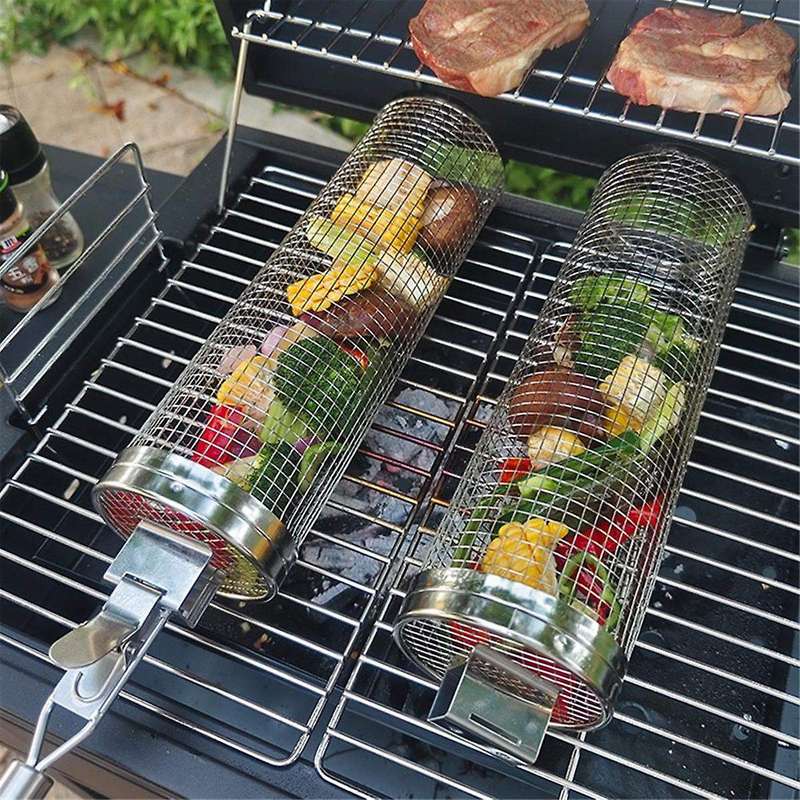 Rolling Grilling Baskets for Outdoor Grilling - Stainless Steel Round Bbq Grill Basket with Lock, Bb