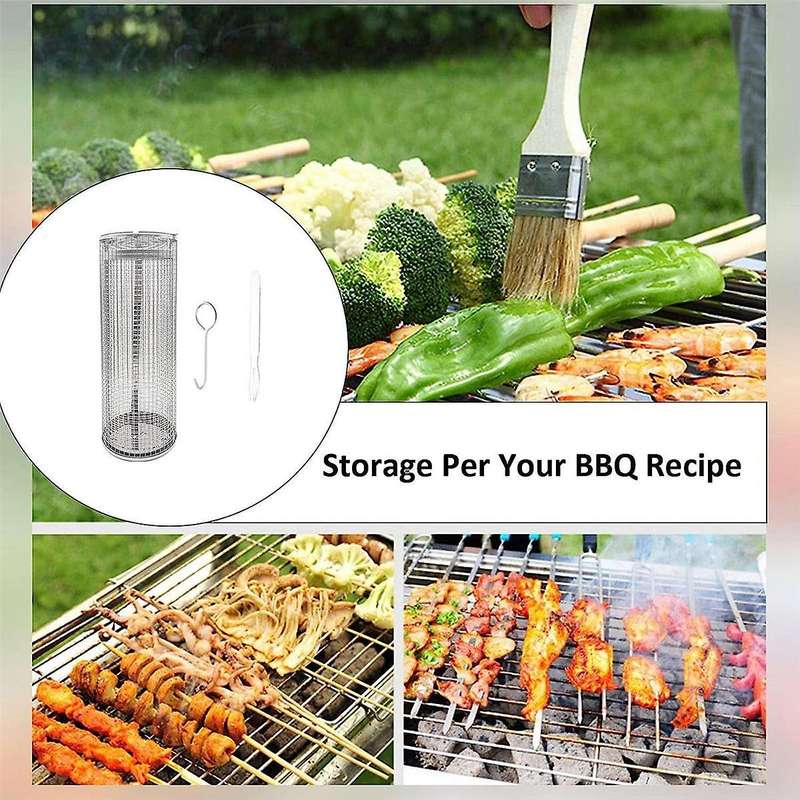Rolling Grilling Basket for Outdoor Grilling,bbq Rolling Grilling Mesh Cylinder for Barbecue Meat Ve